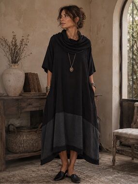 Gershon Bram Black Gray Casual Tunic Dress Lagenlook Modest Oversized Bohemian